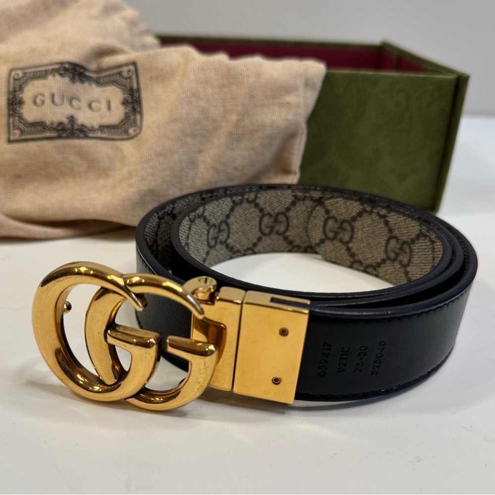 Gucci GG Marmont black gold tan reversible women’s belt